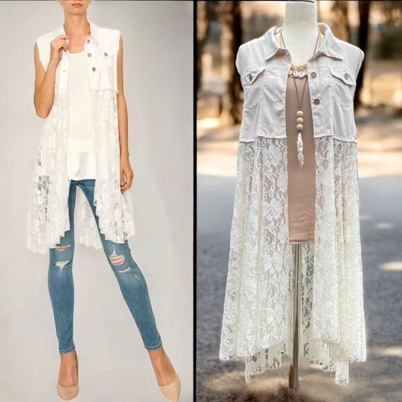 ORIGAMI Ivory White BOHO Western Sleeveless Cardigan Duster Suede & Lace Vest 2X - Picture 1 of 15
